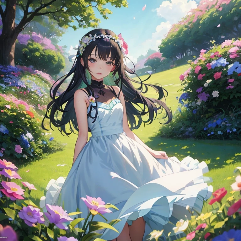 Anime girl in a dress in a garden with flowers, high detailed official artwork, guweiz on pixiv artstation, in dress, official artwork, Official art, she is the center of the garden, official anime artwork, Anime visuals of cute girls, anime moe art style, guweiz on artstation pixiv, guweiz