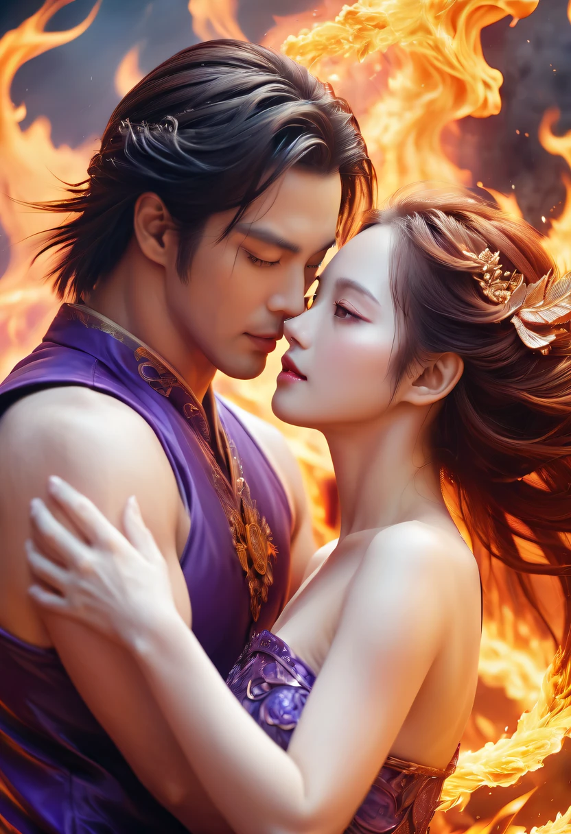 tmasterpiece, Best quality, Detailed pubic hair, A high resolution, (火焰/火焰/Loim,dynamic scene:1.3),Romantic couple kissing in fire,firestorm, catching fire, strange fantasy images, great skin texture,Magic Array, Cast spells, Fantastical, Purple power, strength, Fiery, meteors,