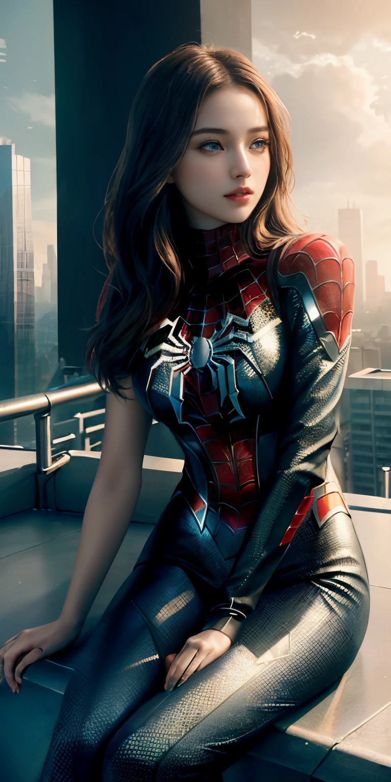 (1girl in:1.3), Solo, (((Very detailed face)))), ((Very detailed eyes and face)))), Beautiful detail eyes, Body parts__, Official art, Unified 8K Wallpaper, super detailed, Beautiful and beautiful, Beautiful, masutepiece, Best Quality, Original, masutepiece, Super Fine Photo, Best Quality, 超A high resolution, Realistic realism, Sunlight, Full body portrait, Amazing beauty, Dynamic Pose, Delicate face, Bright eyes from the front), she is wearing a Spider-man suit, Red and black color scheme, spider, very detailed city roof background, On the rooftop, overlooking a city, Detailed face, Detailed complex busy background, Messy, Gorgeous, Milky White, highly detailedskin, Realistic skin details, Visible Pore, Clear focus, Volumetric fog, 8K UHD, Digital SLR, High quality, Film grain, Fair skin, photorealisim, Lomography, Futuristic dystopian megalopolis, translucent ,
