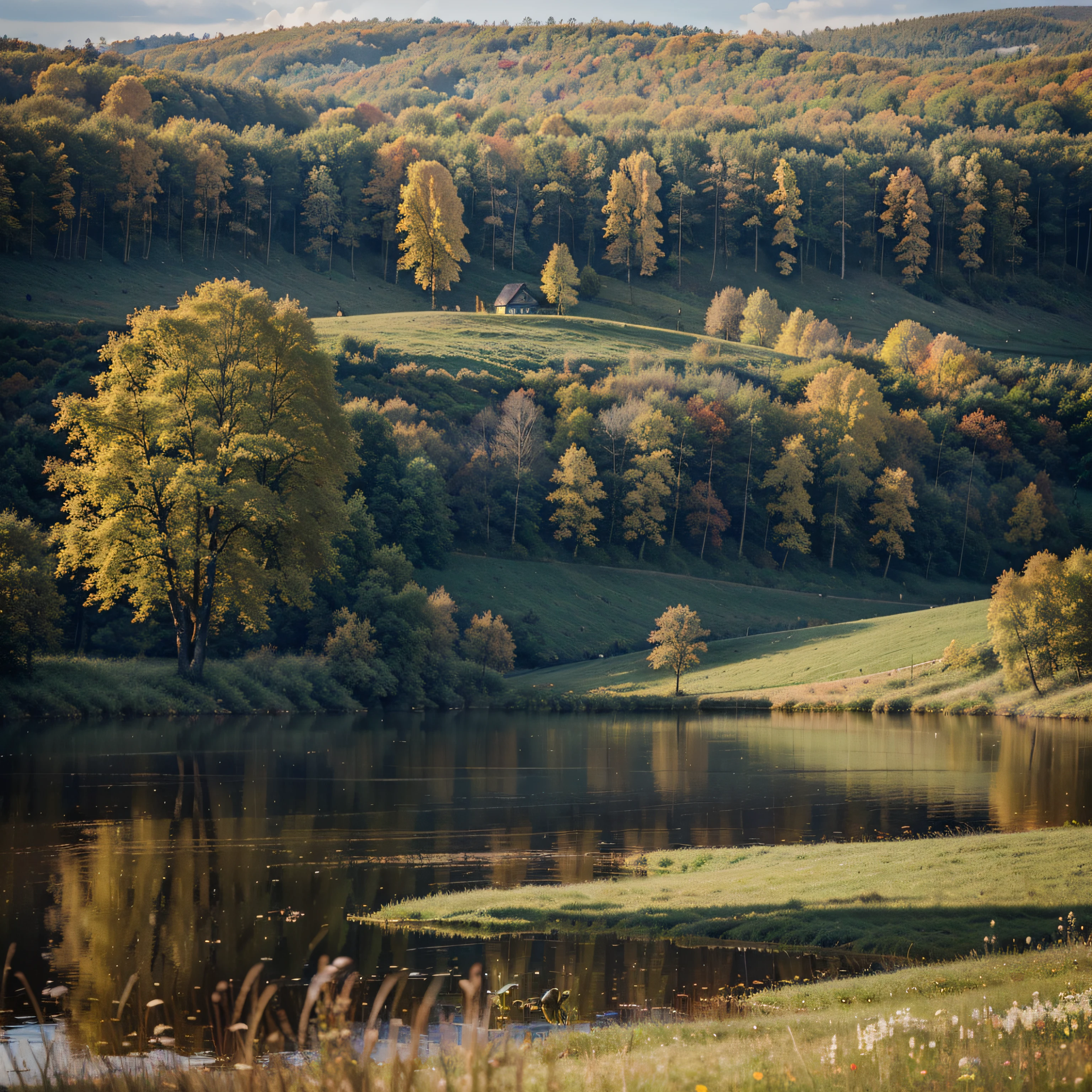 masterpiece, best quality, ultra-detailed, realistic resolution, (natural light), (natural background:0.8| nature), czech republic, ,sunny, autumn, lake, meadows, ultra sharp