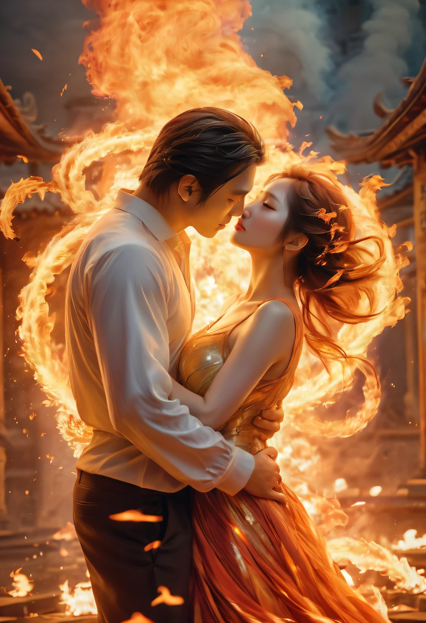 tmasterpiece, Best quality, Detailed pubic hair, A high resolution, (火焰/butterflys/Loim,dynamic scene:1.3),Romantic couple kissing in fire,firestorm, catching fire, strange fantasy images, great skin texture