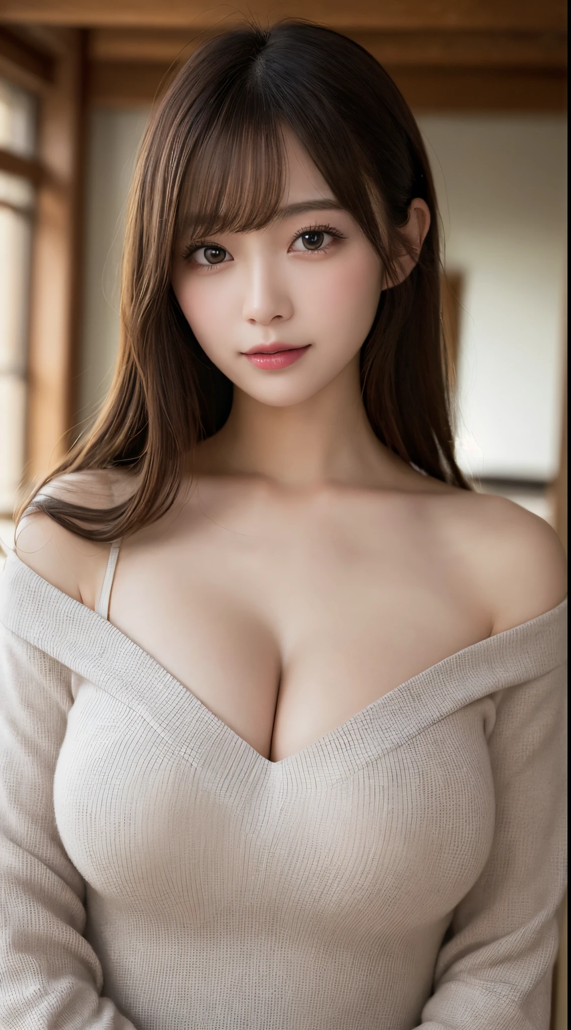 masutepiece, Best Quality, Illustration, Ultra-detailed, finely detail, hight resolution, 8K Wallpaper, Perfect dynamic composition, Beautiful detailed eyes, Natural Lip, (Big breasts:1.4), Random sexy poses,Raw photo,kawaii,ssmile、Tight knit dress that makes your chest look beautiful - chest coordination、off shoulders