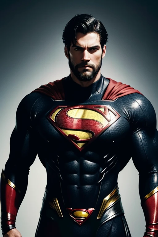 Superman, 40s year old, beard, all details black and red suit, big S symbol on the chest, red cover, strain of hair covering forehead, short cut hair, neat hair, tall, manly, hunk body, muscular, straight face, black hair, best quality, high resolution:1.2, masterpiece, raw photo, dark background, detailed suit, detailed face, upper body shot