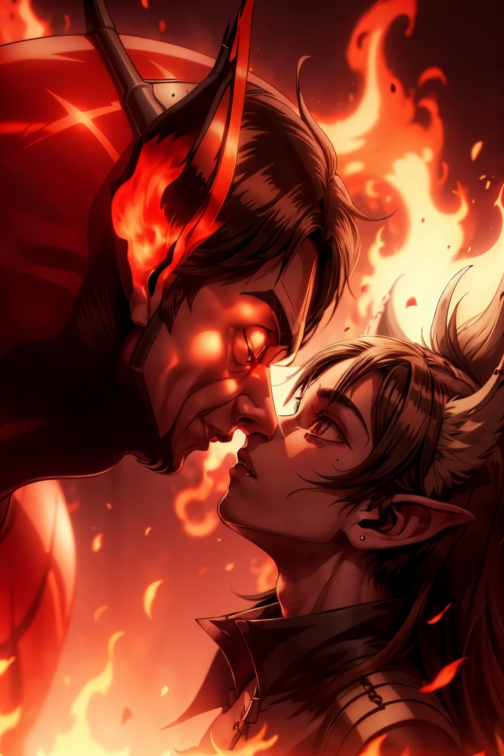 tmasterpiece, Best quality at best, Detailed pubic hair, A high resolution, (Flame/火焰/loimu，dynamic scene:1.3)，Romantic couple kissing in fire，firestorm, on fire, strange fantasy images, great skin texture