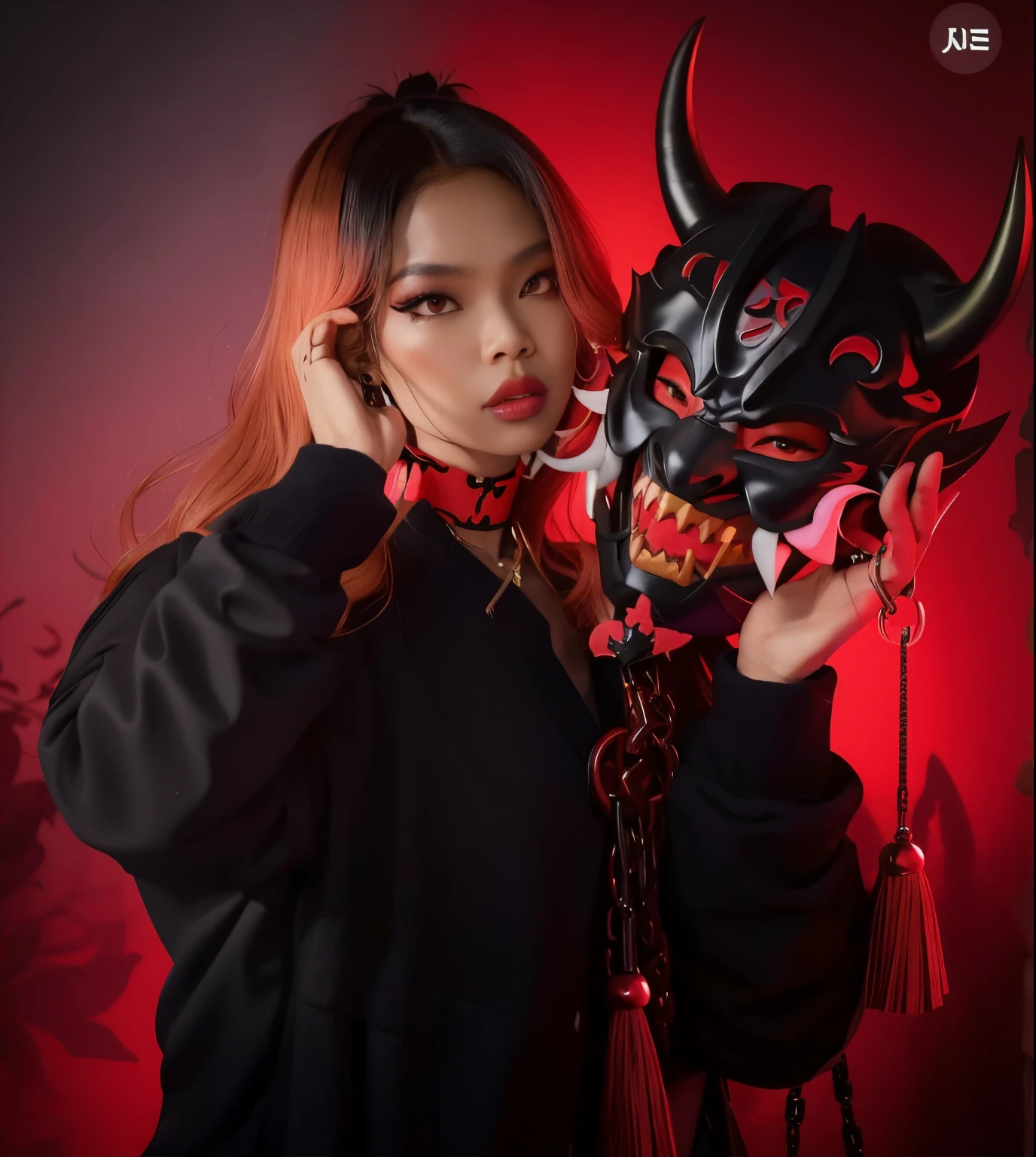 rosa preto'Blackpink's Jennie holding a devil mask and chain, mika kurai demon, villain wearing a red oni mask, giesha demon, with kitsune mask, oni mask, omen from valorant, imagem de perfil, samurai with demon mask, Estilo anime misturado com Fujifilm, wearing a dragon mask, wearing all black mempo mask