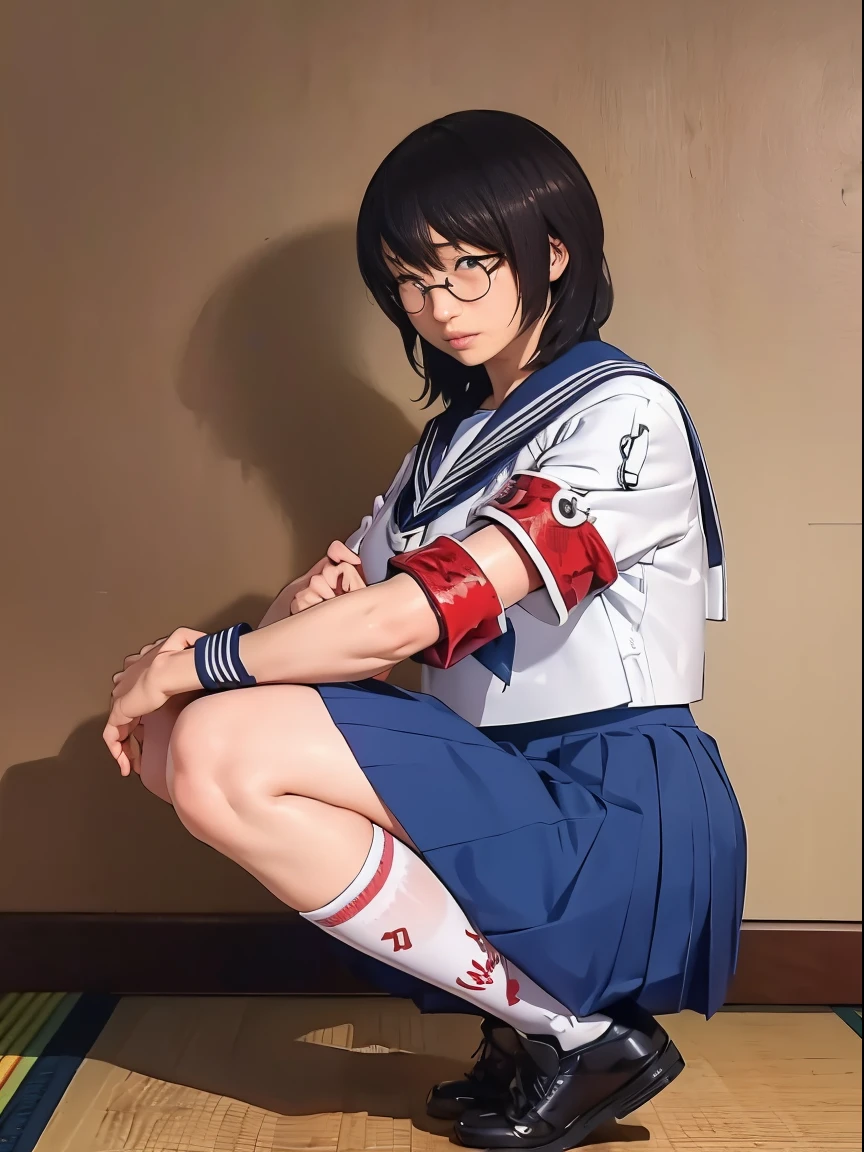 Suzuka, hair, medium hair, glasses, Japanese, eyes, nose, lips, figure, medium breasts, seifuku shirt, red arm band, high cut thong underwear, bubble butt, blue skirt, mid high socks, shoes, wallpaper, side view