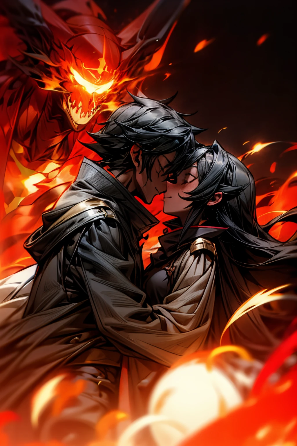 (Flame/火焰/loimu，dynamic scene:1.3)，Romantic couple kissing in fire