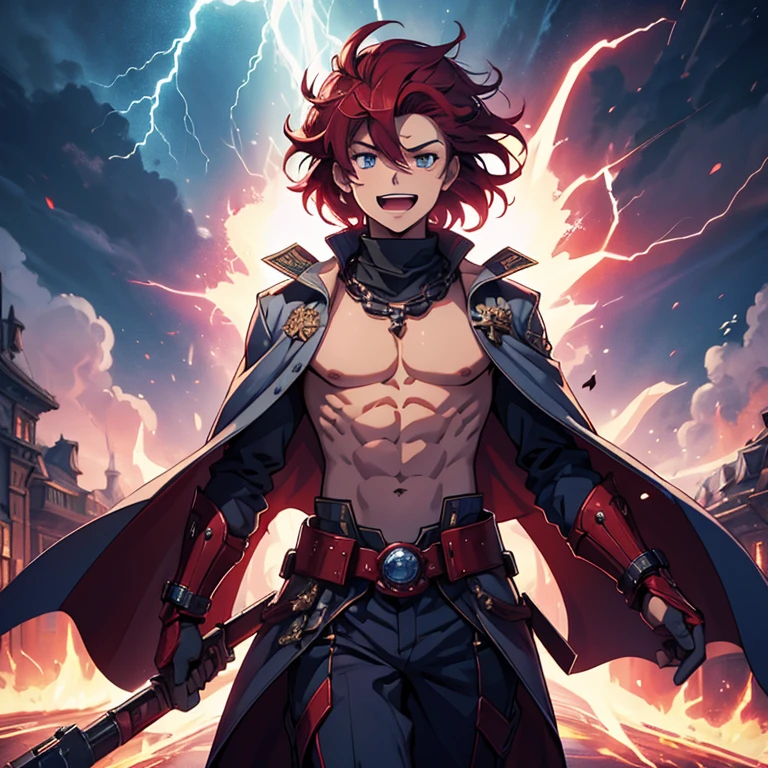 Master piece, 8k, ultra detailed, god, navy overcoat, shirtless, ruby jewel, boy, laughing, scarlet color hair, blue eyes, full body frame, vulcanic eruption and blue plasma lightnings background