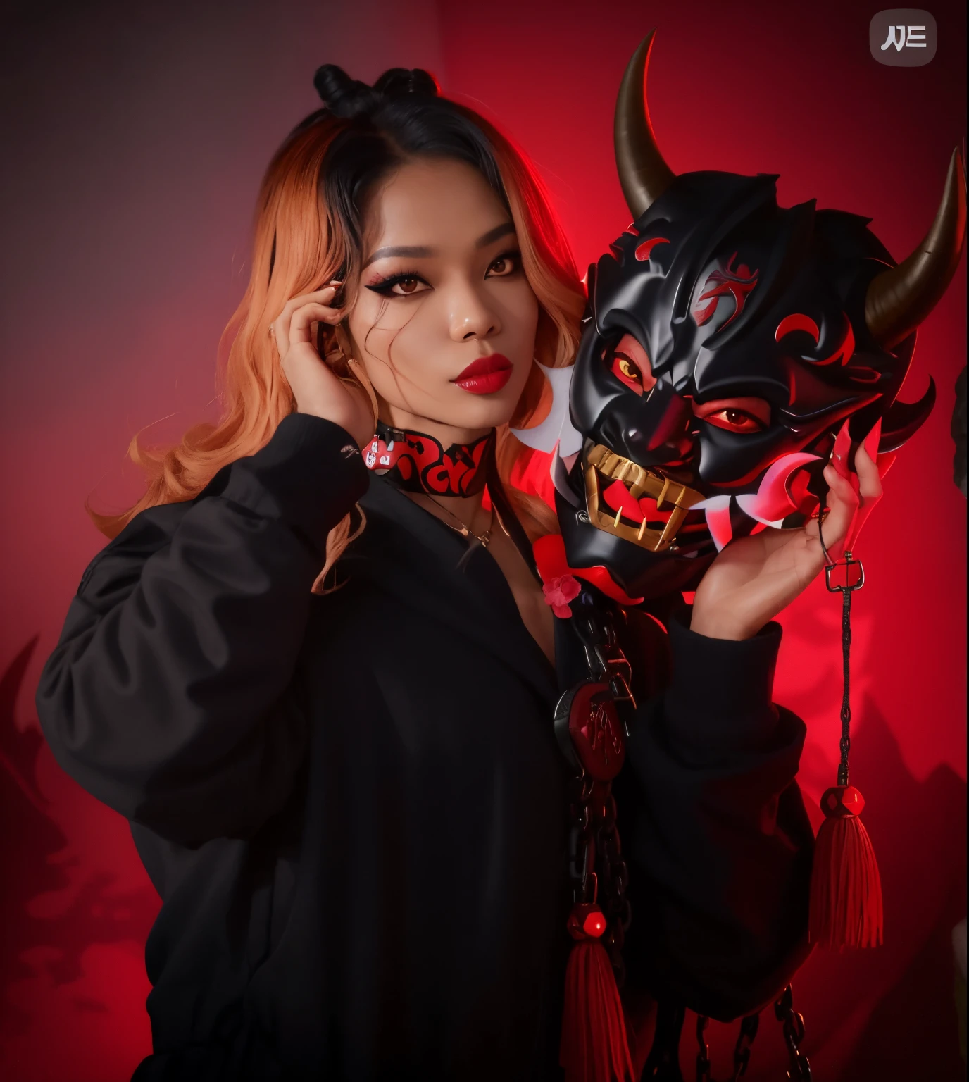 rosa preto&#39;Jennie holding a devil mask and chain, mika kurai demon, villain wearing a red oni mask, giesha demon, with kitsune mask, oni mask, omen from valorant, imagem de perfil, samurai with demon mask, Estilo anime misturado com Fujifilm, wearing a dragon mask, wearing all black mempo mask