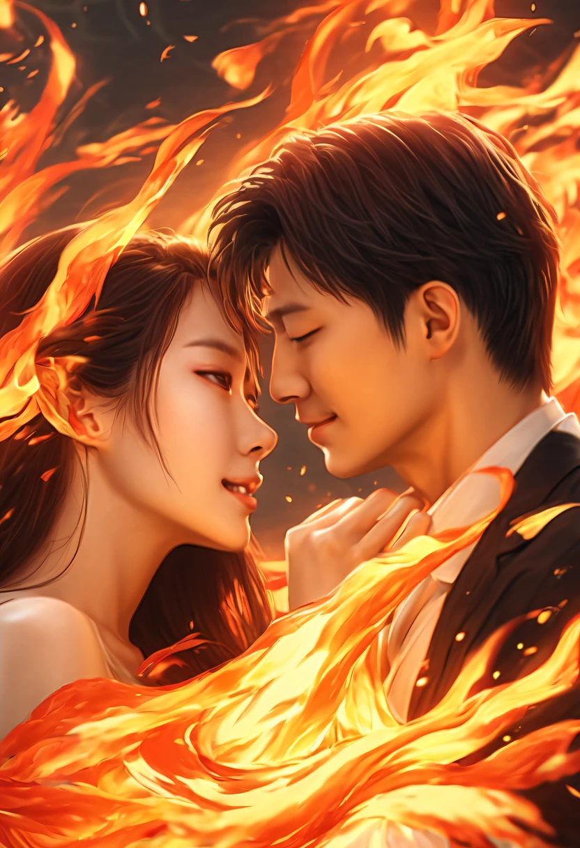 (火焰/butterflys/Loim，dynamic scene:1.3)，Romantic couple kissing in fire