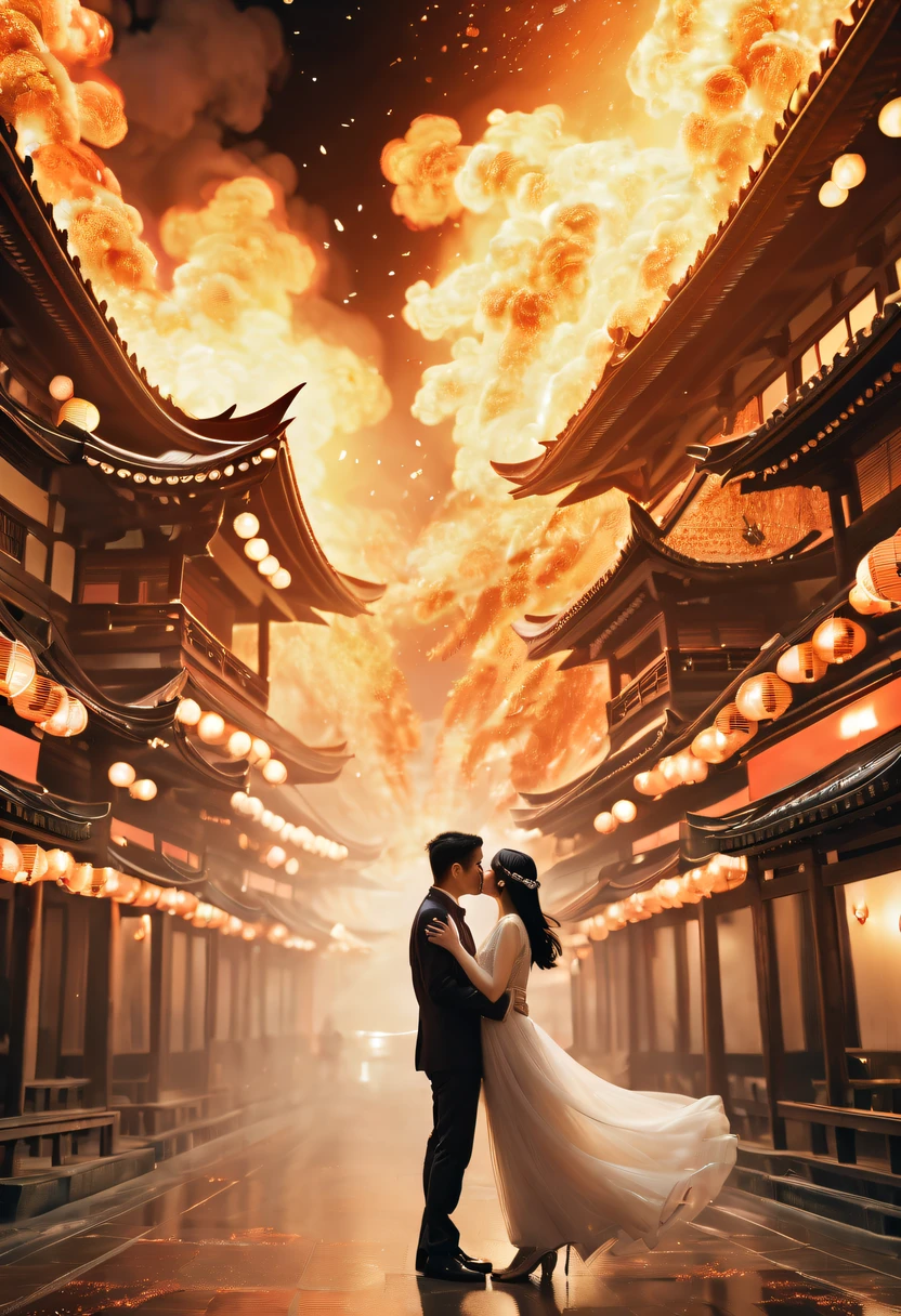 (火焰/butterflys/Loim,dynamic scene:1.3),Romantic couple kissing in fire