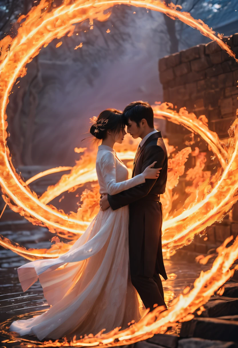 (火焰/butterflys/Loim,dynamic scene:1.3),Romantic couple kissing in fire