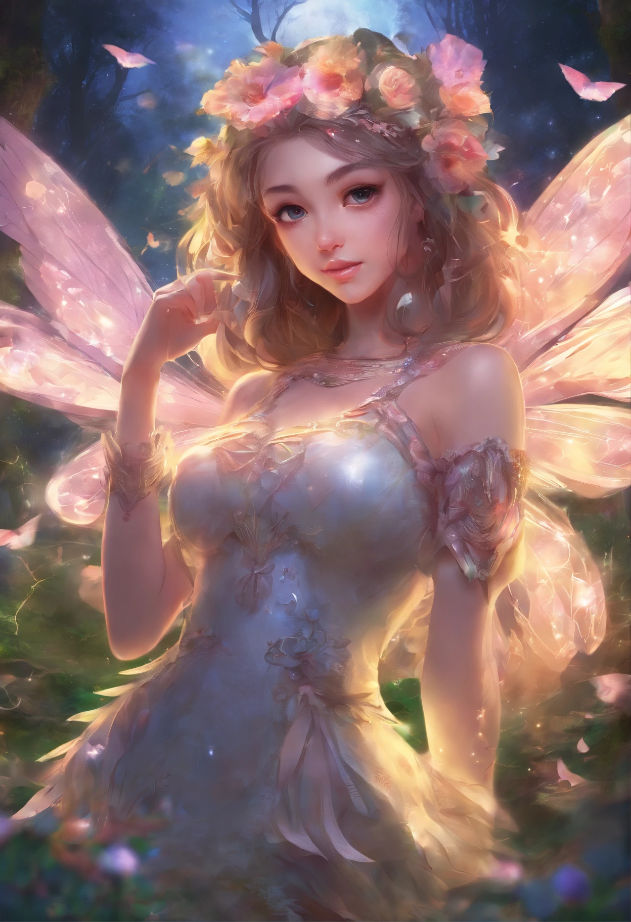 at a forest,night moon,Mini cute 3 year old flower fairy, chubbiness,Skirt made of petals,colorful colorful,Transparent colorful wings, Magic wand,closeup cleavage,Light attenuation,glowing effect,depth of fields,to emphasize,Real light,ray traycing,oc rendered,hyper realisitc,Best quality,8K,a work of art,ultra - detailed,Detailed pubic hair,Correct anatomy,Focus on Ayoke,The facial features are carefully drawn