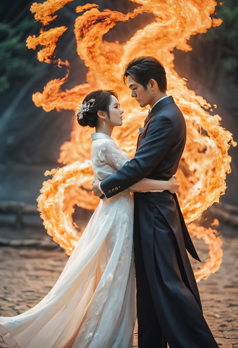 (火焰/butterflys/Loim,dynamic scene:1.3),Romantic couple kissing in fire