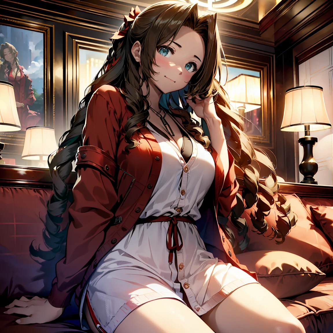 (top-quality, ​masterpiece, (Ultra high definition,4K), (超A high resolution:1.3, in 8K),masutepiece:1.2), (Angle from below), (Perfect Anatomy,Anatomically accurate), (Soft lighting, 光线追踪), (((Open legs sitting on a sofa in the lobby of a luxury hotel))), ((Aerith Gainsborough lookalike)), (Girl with a nice smile), (Photorealsitic), ((Bright lighting)), (cute white nightgown), ((wear a red cardigan)), Watch viewers, (Crisp double eyelids), (fascinated expression), (large full breasts:1.4), (Textured skin), (Soft skin)