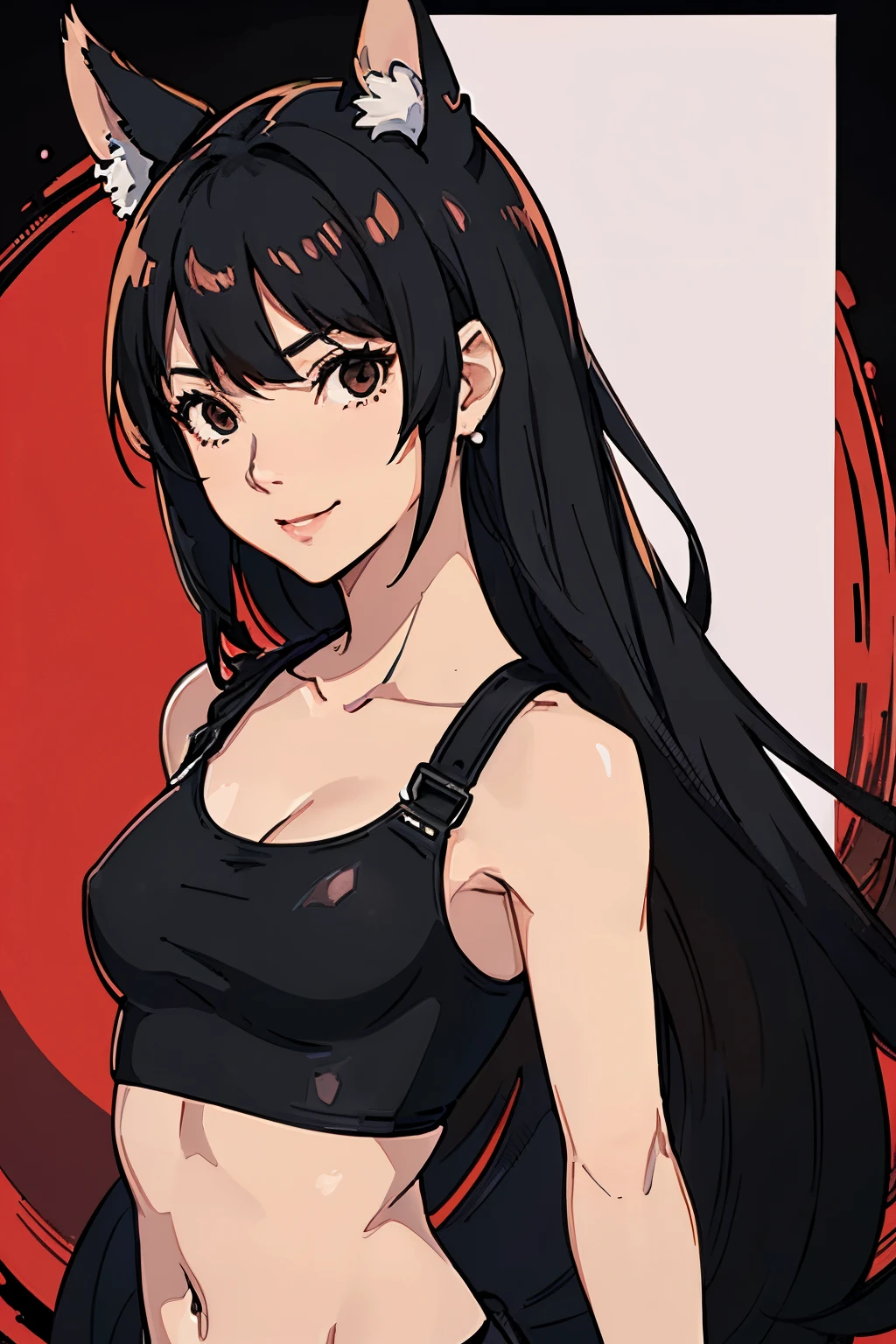 1girl, solo, tifa lockheart, tifa_lockheart \(final fantasy\), tifa_lockheart:1.2, animal ears, earrings, fox ears, hair between eye, (black eyes:1.3), european girl, (SFW:1.3), (small breast:1.4), (face portrait:1.3), tifa , tifa costume, black iris, smile, gamer, red background,  color backgraund, (very black eyes:1.4), tall, slender, instagram model, (brown skin:1.4)