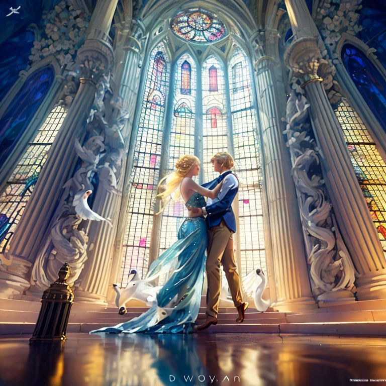Pretty blonde woman with blue eyes,as elegant as a swan,Dance skirt,dancing gracefully、at a forest,Bonfire dreamy and magical,Very detailed drawings, High quality stained glass style。The color bright、let the light shine,Create beautiful patterns。"