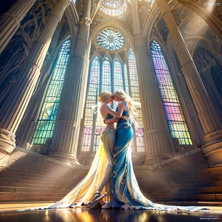 Pretty blonde woman with blue eyes，as elegant as a swan，Dance skirt，dancing gracefully、at a forest，Bonfire  dreamy and magical，Very detailed drawings, High quality stained glass style。The color  bright、let the light shine，Create beautiful patterns。"