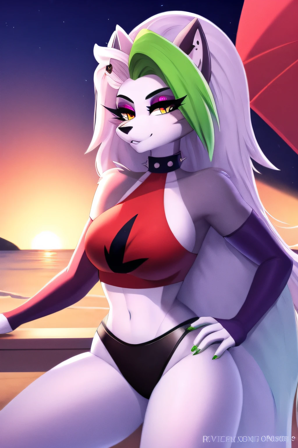 best quality, (masterpiece:1.1), roxanne fusion loona, solo, furry female, body fur, makeup,  clothes, super detailed, high detail eyes, perfect proportion, night beach