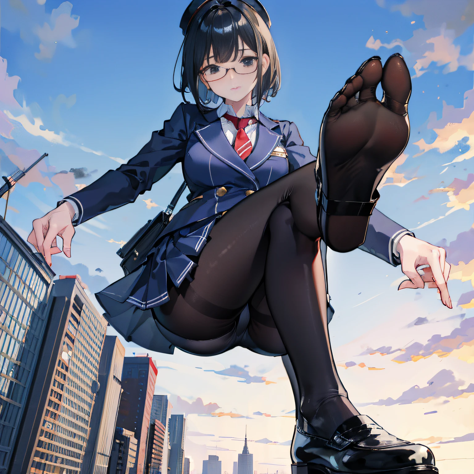 giantess art, a hyperrealistic schoolgirl, , highly detailed giantess shot, der riese, Shorthair, Black pantyhose, A gigantic high school girl that exceeds a skyscraper, Wearing rimless glasses, Colossal tits, Navy blue blazer, Red tie, Mini Length Skirt, Black pantyhose, Pantyhose sole, Pantyhose Toe, hands off shoes, very small metropolis, Trying to destroy a miniature metropolis, Full body depiction, nffsw, der riese, Black pantyhose, Pantyhose legs, Pantyhose feet, ,Stomping City,crash city,Small town,micro city,