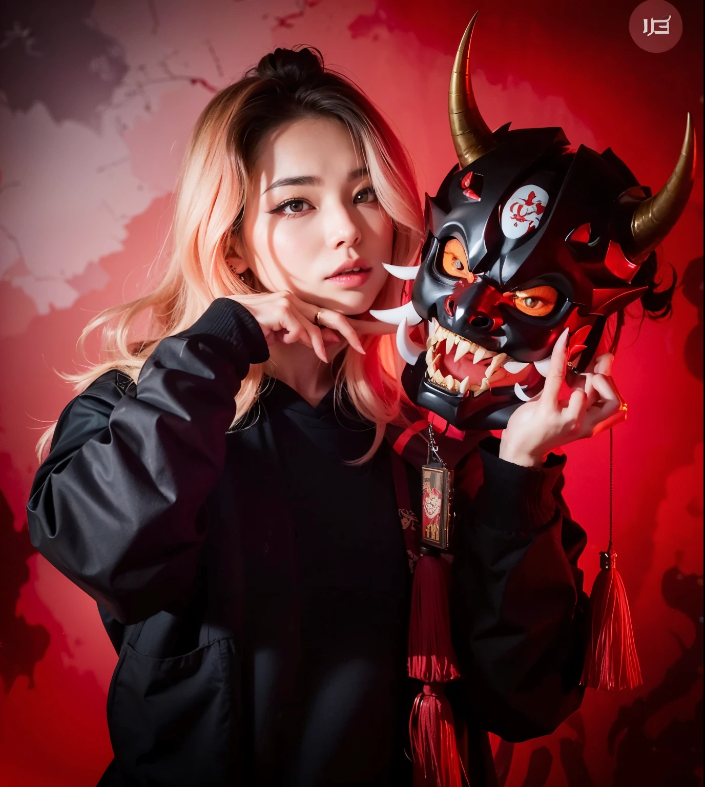 woman holding a mask with a devil face and devil head, mika kurai demon, villain wearing a red oni mask, with kitsune mask, giesha demon, wearing japanese techwear, eles chifres, samurai with demon mask, imagem de perfil, oni mask, wearing a dragon mask, Estilo anime misturado com Fujifilm