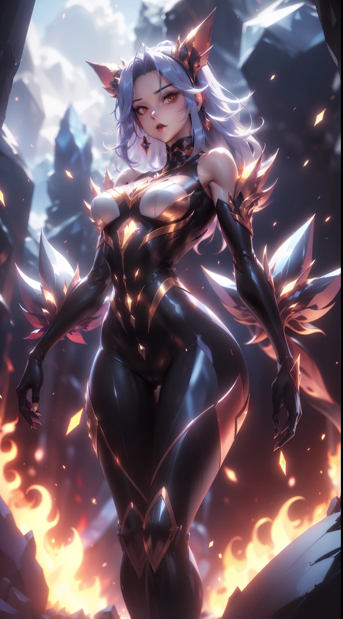 (Flame/火焰/loimu，dynamic scene:1.3)，studio photo, Beautiful robot metal woman standing alone, strange fantasy images, Strange glowing rock, The beautiful, Detailed pubic hair, long and flowing hair, medium, great skin texture