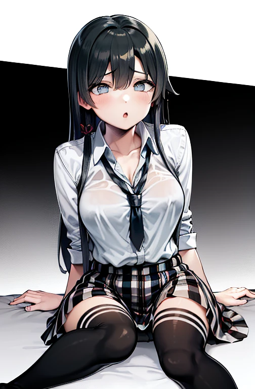 1 girl as yukino yukinoshita, absurdres, highres, solo, school uniform, big breasts, waist long black hair, (twintails:0.5), miniskirt, black thighhigh socks, loose red ribbon, unbuttoned white shirt, ahegao, (rolling eyes:1.5)