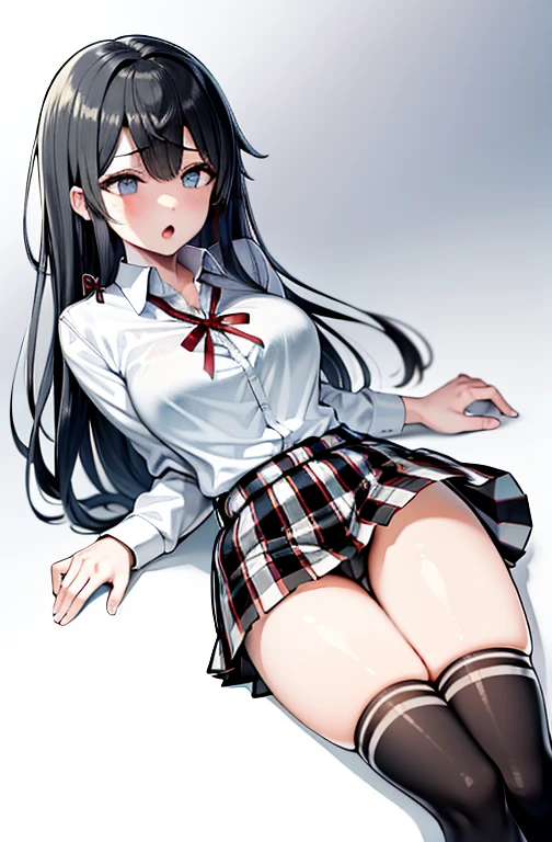1 girl as yukino yukinoshita, absurdres, highres, solo, school uniform, big breasts, waist long black hair, (twintails:0.5), miniskirt, black thighhigh socks, loose red ribbon, unbuttoned white shirt, ahegao, (rolling eyes:1.5)