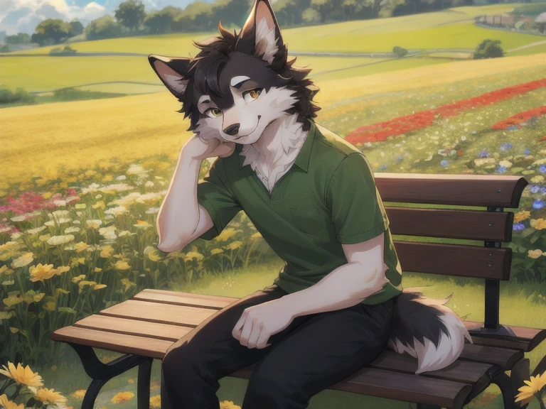 1boy anthro, Border Collie, 20 years old, handsome, furry anthro, fur on his body, wear green shirt and black pants, brown eyes, detailed eyes, best eyes, smile, in the flower field, sitting on a bench, sunny day, high quality, Masterpiece