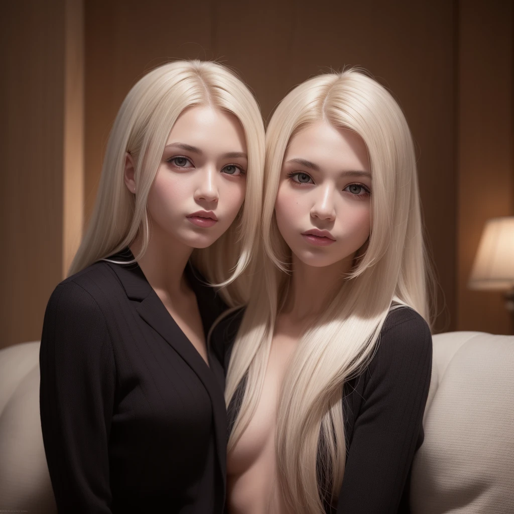 Wide angle shot. Dark hotel room. Twins with different hair color, (platinum blond) the other (jet black) twins, their hair shining under the studio lighting, perfectly styled and luxurious. The  twin's hair falls in soft waves around her face, while the black-haired twin's hair  sleek and straight, framing her delicate features. The contrast between their hair colors adds intrigue to their appearance.

The twins are wearing long coats that are open at the front, revealing a glimpse of their (underwear, stockings, and suspenders) ensemble. One wears white the other wears black. The coats are tailored to perfection, hugging their figures and adding a touch of elegance. The coats, in contrasting colors, enhance harmony between the twins.

With a wide-angle perspective, the composition emphasizes the twins' presence, creating a sense of depth and space. The viewer feels immersed in the scene, capturing their every detail.

The lighting design accentuates the twins' natural beauty and enhances the richness of the image. Soft studio lighting casts gentle shadows, illuminating their faces and accentuating their (beautiful detailed eyes) and (beautiful detailed lips). The combination of light and shadow adds depth to their features and brings out their expressive eyes.

The image quality  of the highest standards, with impeccable details rendered in (ultra-fine painting). Every brushstroke  captured with clarity and precision,  the twins' appearances exceptionally lifelike. The colors are vibrant and vivid, enhancing their personalities and highlighting their unique beauty.

The overall color tone of the image  warm and inviting, with a slight golden hue that adds a touch of elegance and sophistication. This color scheme enhances the twins' natural radiance, enveloping them in a soft and ethereal glow.

In this masterpiece, the focus  impeccable, every detail superbly defined. The viewer can appreciate the subtleties of the twins' expressions.