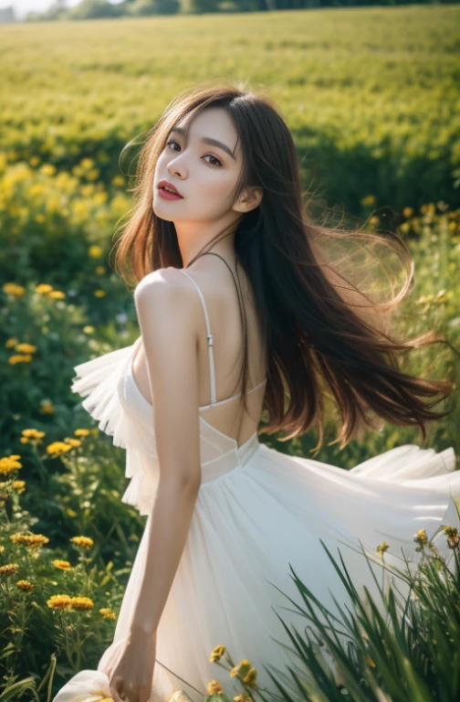 ((((top-quality))))、(((Ultra Precision CG16K Wallpapers)))、(((​masterpiece)))、(((ultra-detailliert)))、(((Ultra-extreme details)))、１Man Woman、a matural female、a 25yo woman、((Japanese face))、((extremely beautiful face))、((sasaki nozomi:1.5))、((Wave Perm、semi long hair:1.3))、(shinny hair)、Bangs up to the eyebrows、Beautiful brown hair、Beautiful delicate eyes、Brown eyes、raised eyebrows、lofty nose、small nostrils、seductive lips、slightly open mouth、Beautiful breasts、C-cup size breasts、cleavage of the breast、Plump body、perfectly proportions、perfect anatomia、perfect-composition、beautiful detailed shading、Beautiful natural lighting、Beautiful detail glow、depth of fields、(((a high chroma)))、(((realisitic:1.9)))、((Vivid:1.4))、((Beautiful skin))、((Skin texture))、((Realistic skin feeling))、(((cowboy  shot:1.5)))、((Angle seen from behind:1.3))、((a smile:1.3))、(Eyes looking at me)、Bright sunshine、(((walking around in a forest:1.5)))、(Blur the background)、(((White see-through miniskirt dress with open chest:1.5)))、((frills skirt:1.5))、