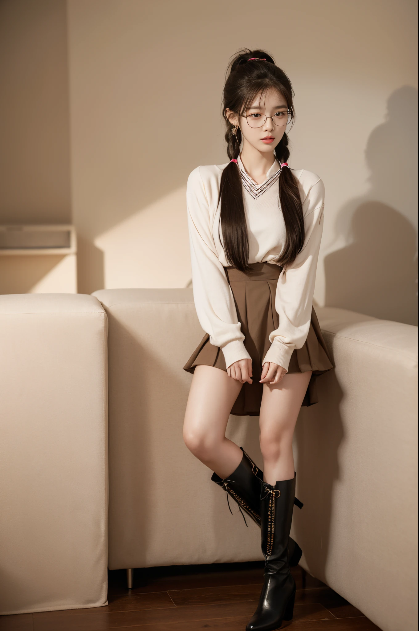 1girl, 175cm,korean kpop idol and model, 22 years old,soft body, close-up, 8k, RAW photo, best quality, masterpiece,realistic, photo-realistic,seductive,cute,A beautiful woman in elegant skirt,tall boot,ribbon tie, spectacles , Liuhai hairstyle,ponytails hairstyle ,large earring