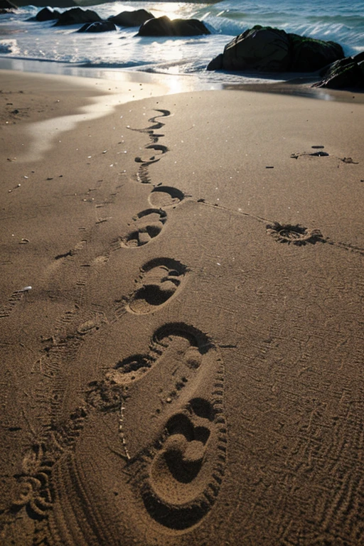 write a picture showing two footprints on the beach floor, just the marks of the steps, i need a picture showing that a person has stepped on the sand