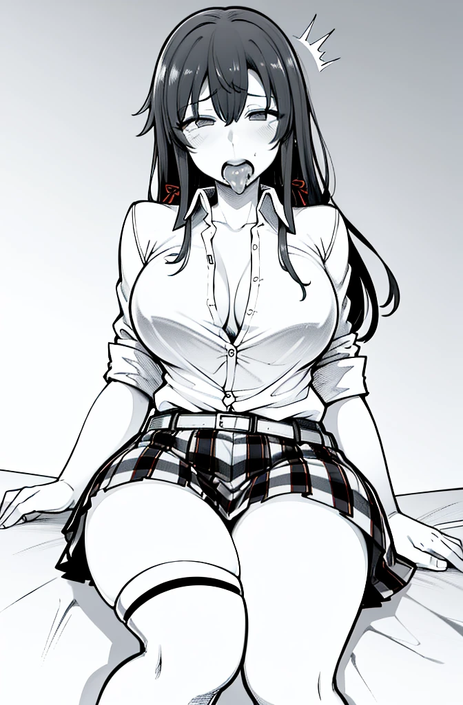 1 girl as yukino yukinoshita, absurdres, highres, solo, school uniform, big breasts, waist long black hair, (twintails:0.5), miniskirt, black thighhigh socks, loose red ribbon, unbuttoned white shirt, (ahegao:1.5), (rolling eyes:1.5)