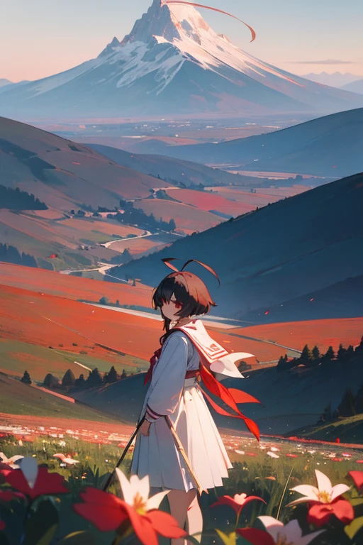 atrium, 1girl in, Red Eyes,Solo,Ahoge,White skirt,red neckerchief, mountain in the distance,flower,yokozuwari,landscapes,people in the landscape,big sky