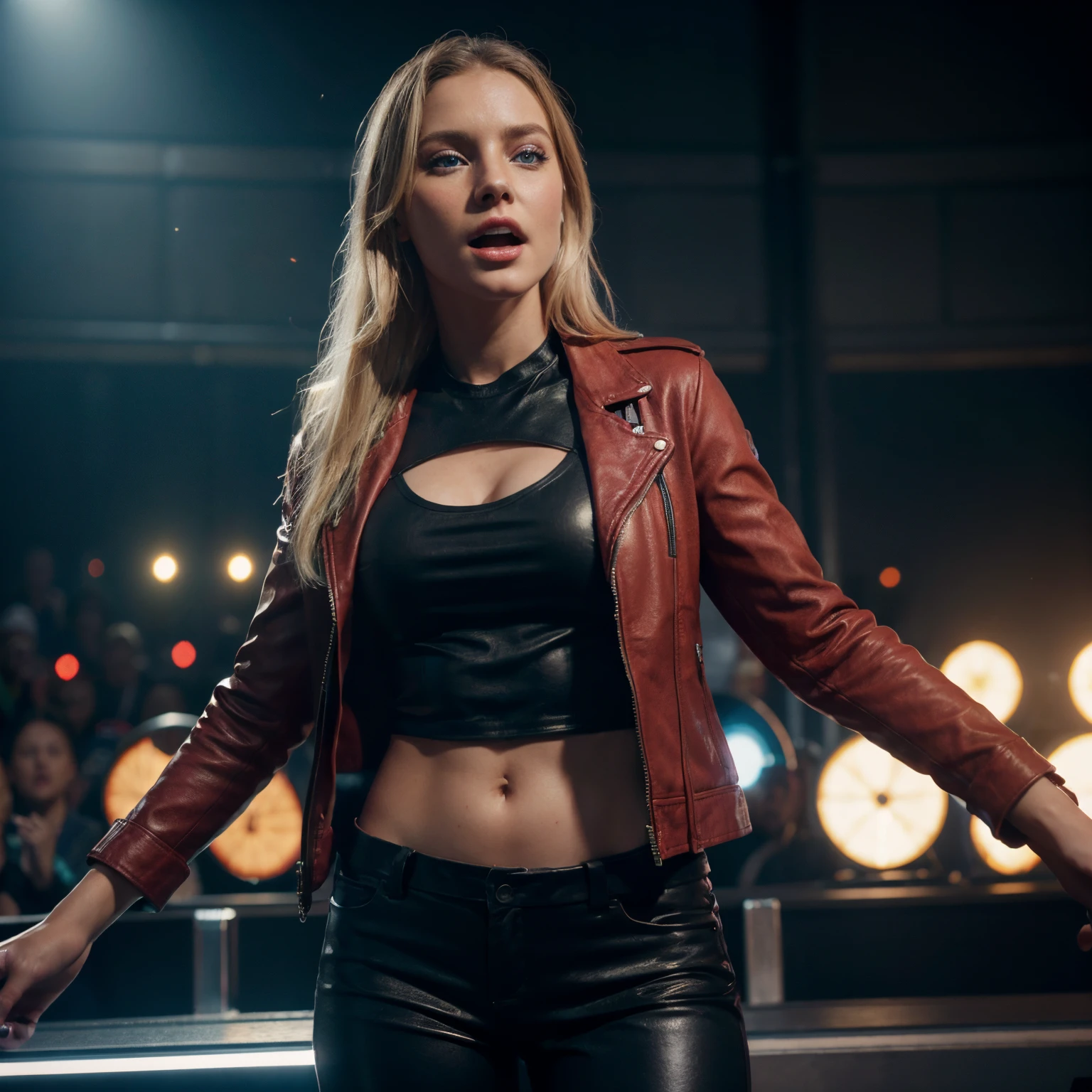 Tomorrowland festival, Belgica,  Blonde woman, blue eyes, singing with a microphone, cantando, red leather jacket, black pants, perfect body, ultra-realistic HD, 8K render, realistic, cinematic, photorealistic, Unreal Engine 5, bright sunny day, full screen