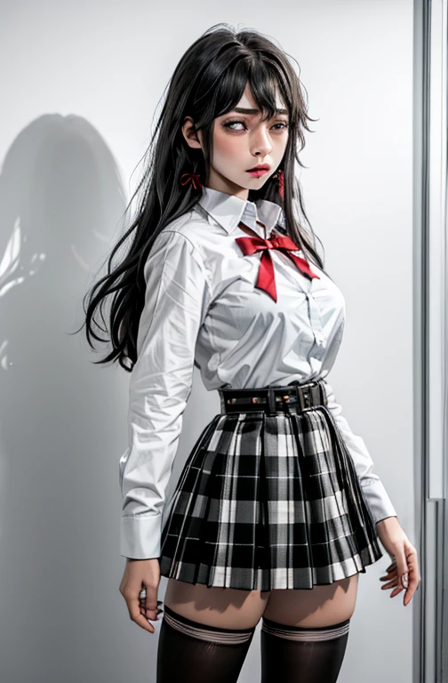 1 girl as yukino yukinoshita, absurdres, highres, solo, school uniform, big breasts, waist long black hair, (twintails:0.5), miniskirt, black thighhigh socks, loose red ribbon, unbuttoned white shirt, ahegao, (rolling eyes:1.5)