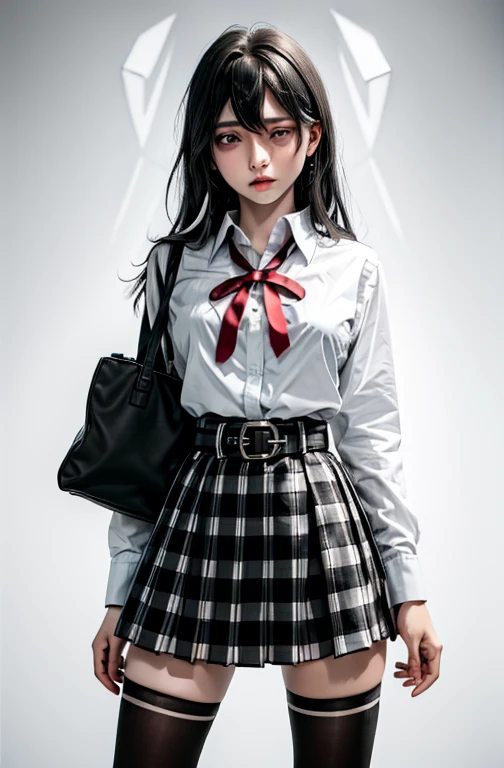 1 girl as yukino yukinoshita, absurdres, highres, solo, school uniform, big breasts, waist long black hair, (twintails:0.5), miniskirt, black thighhigh socks, loose red ribbon, unbuttoned white shirt, ahegao, (rolling eyes:1.5)