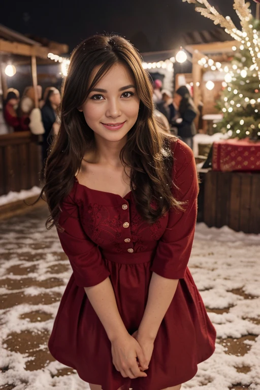 (a brunette dressed a beautiful red dress, Standing in front of a beautifully decorated Christmas tree),Illustration,Christmas,Fun atmosphere,Twinkling lights,soft snowflakes fall,Best Quality,4K,Ultra-detailed,Vibrant colors,pine scent,Cozy,romantic,Cheerful,breathtaking scenery,Warmth,Happiness,Magical,Holiday spirit,Winter wonderland,pure love and kindness、Shot from directly above、Looking at the camera、Face Close-up,ultra realistic