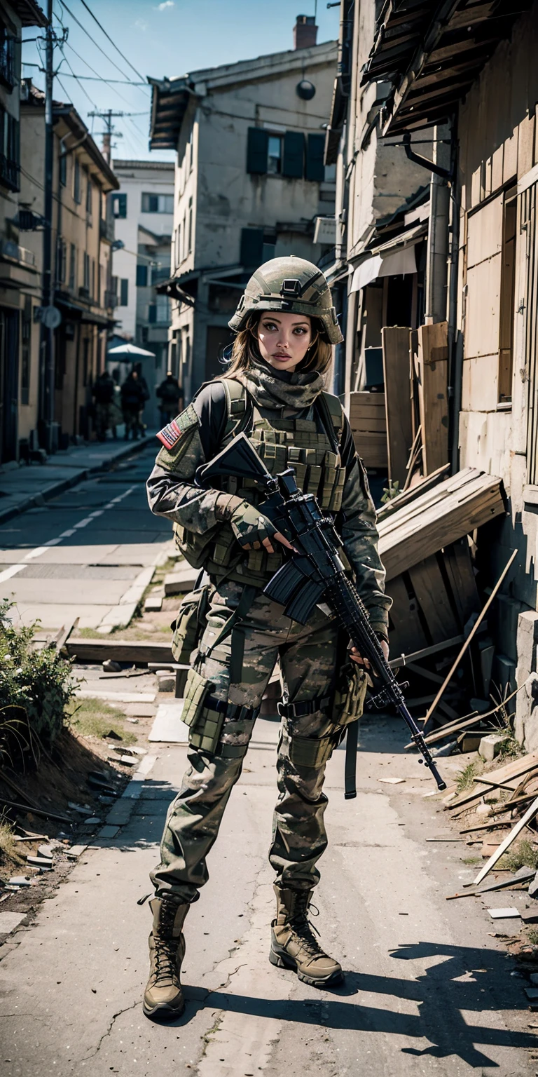 (​masterpiece),(8K),(ultra-detailliert),(hight resolution),(Angelina Jolie aiming with assault rifle),(Look into the sight:1.3),Close one eye,(Crouch down and hold your assault rifle:1.2), 独奏, frontage, Full body drawing,military helmet,army camouflage clothing,Camouflage pattern long pants,Combat gloves,rucksack,Black Tactical Vest,The background is a collapsed wall,detailed gun drawing