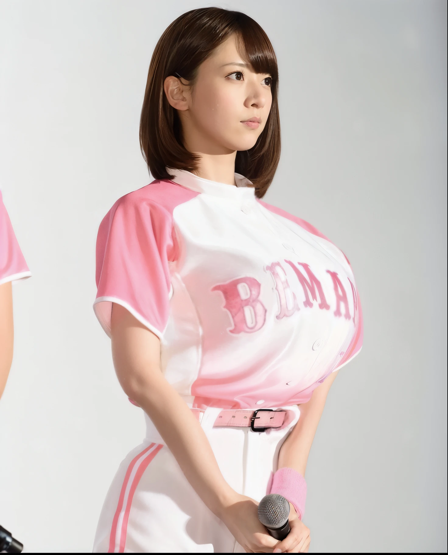 There was a woman wearing a baseball uniform holding a bat., oppai, biomechanical oppai, deayami kojima, 奈良美智, with a big chest, large breasts size, bubblegum body, Chiho Ashima, with large breasts, Smooth white tight clothes suit, eiko ishioka, Wearing a volleyball jersey