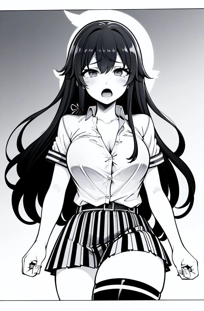 1 girl as yukino yukinoshita, absurdres, highres, solo, school uniform, big breasts, waist long black hair, (twintails:0.5), miniskirt, black thighhigh socks, loose red ribbon, unbuttoned white shirt, (ahegao:1.2), (rolling eyes:1.2)
