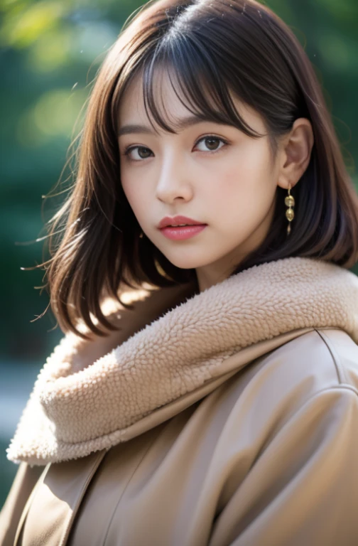 1girl in, bare_tree, brown_eyes, brown_hair, built, coat, cross_earrings, 耳环, furred, Fur trimmed_coat, fur_collar, fur_scarf, fur_trim, jewely, s lips, Shorthair, looking_at_viewer, plein air, yuki, yuki, 独奏, The tree, upper_body, Winters, winter_clothes, detailed_eyes,large full breasts、Bring your chest together with your arms、Point your chest at the camera、huge tit、Put your ears out、The face of the golden ratio、The body of the golden ratio、top-quality、The ultra -The high-definition、bangss，A little further away，full bodyesbian，long boots