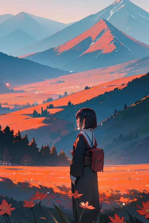 atrium, 1girl in, Red Eyes,独奏, mountain in the distance,flower,yokozuwari,landscapes,people in the landscape,big sky,Drawing,