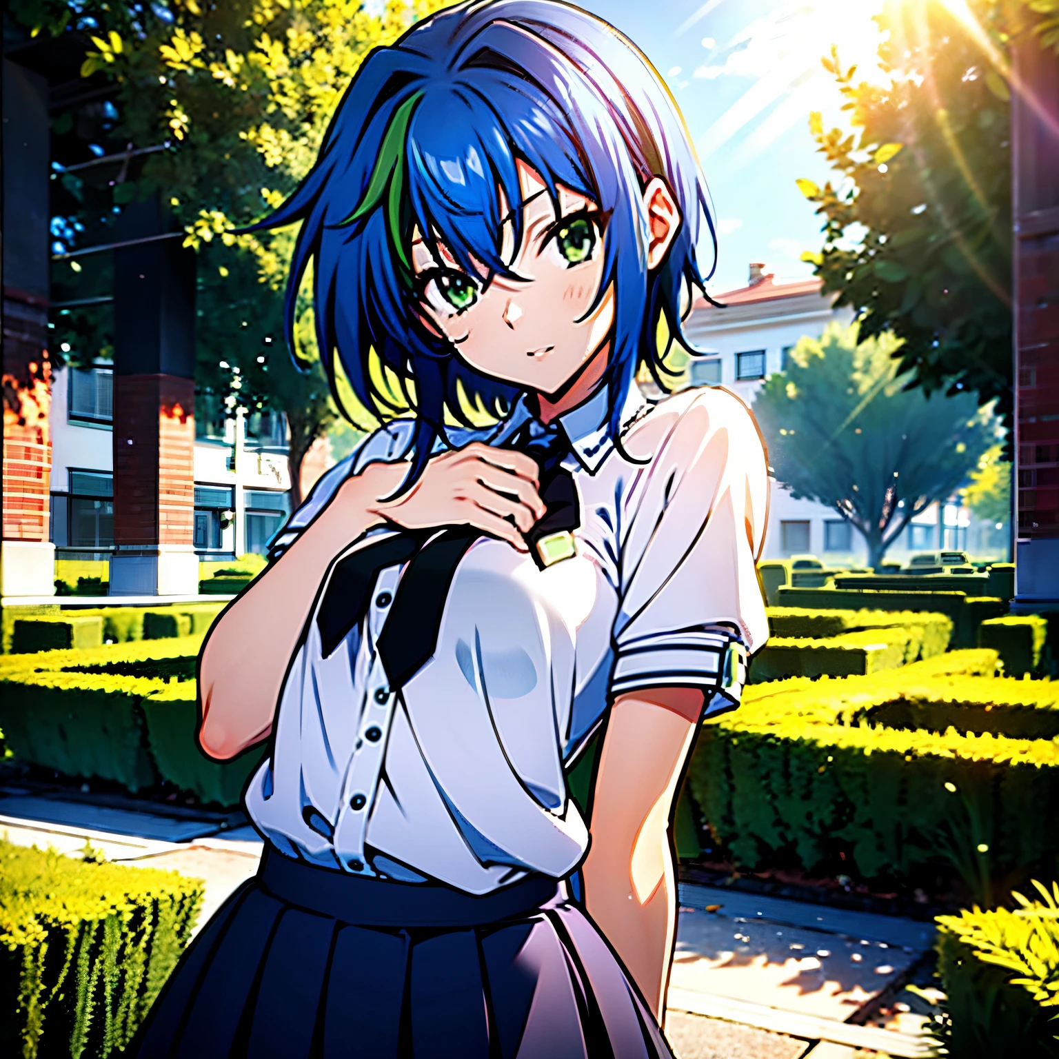 1 woman , short hair, blue hair, green locks, green hair lights, wearing white student shirt, black skirt, flat chest, small breasts, white student outfits, in a garden, school on background, 4k, sun shinning in background, masterpiece, good anathomy