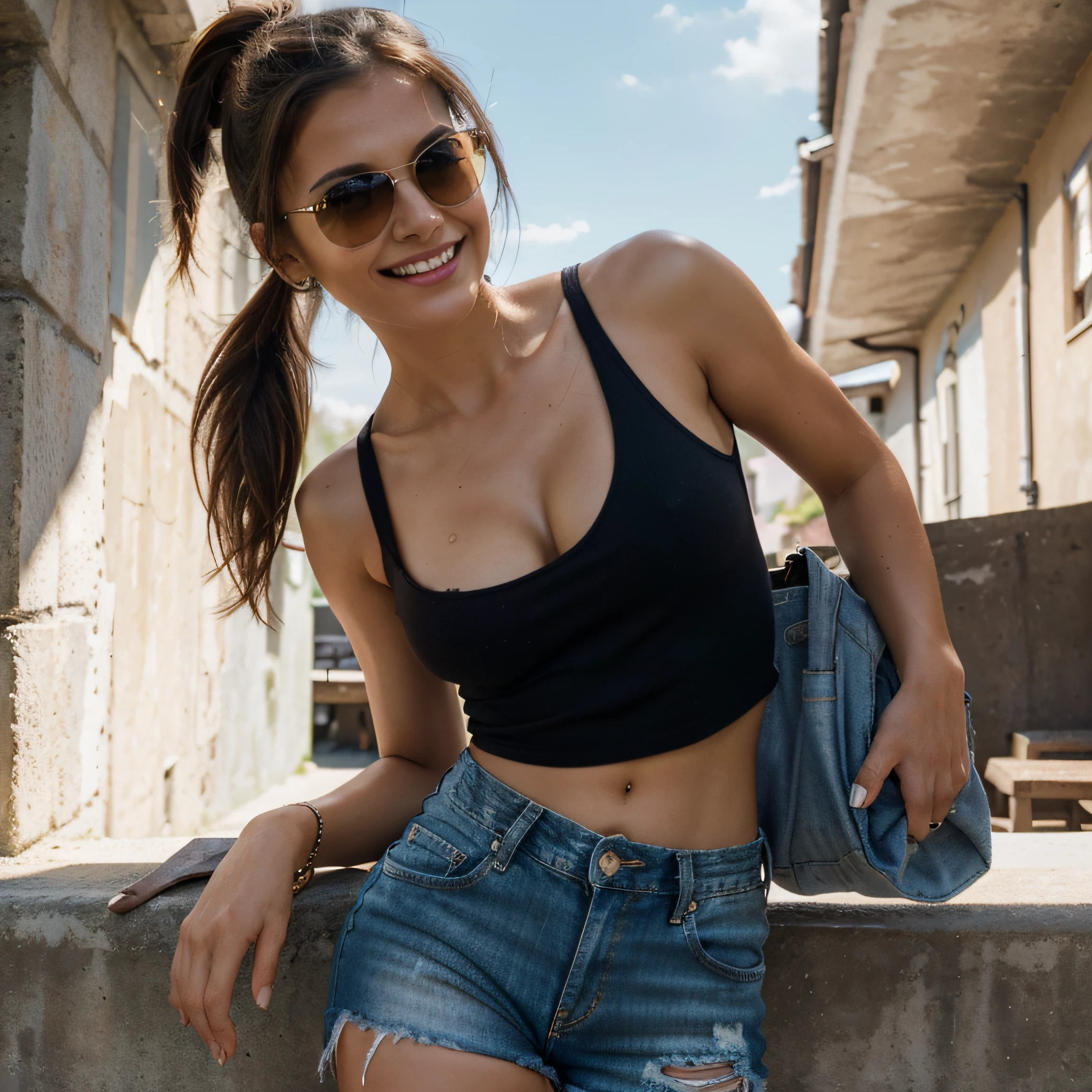 masterpiece, best quality, ultra-detailed, brown eyes, dark brunette, dynamic angle, more smile, summer, (1 girl, solo: 1.3), czech republic, natural light, (tank tops: 0.8), torn jeans shorts, (flirting with camera: 0.7), ladies handbag, sun glasses, ponytail, happiness, relax, (photographed from afar: 1.3), (hands in lap: 0.9)