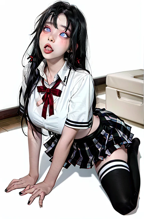 1 girl as yukino yukinoshita, absurdres, highres, solo, school uniform, big breasts, waist long black hair, (twintails:0.5), miniskirt, black thighhigh socks, loose red ribbon, unbuttoned white shirt, ahegao, (rolling eyes:1.5)