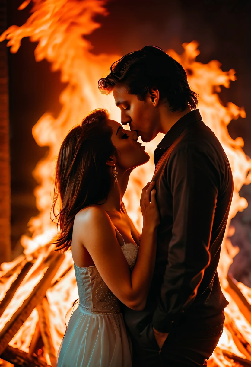 Romantic couple kissing in fire