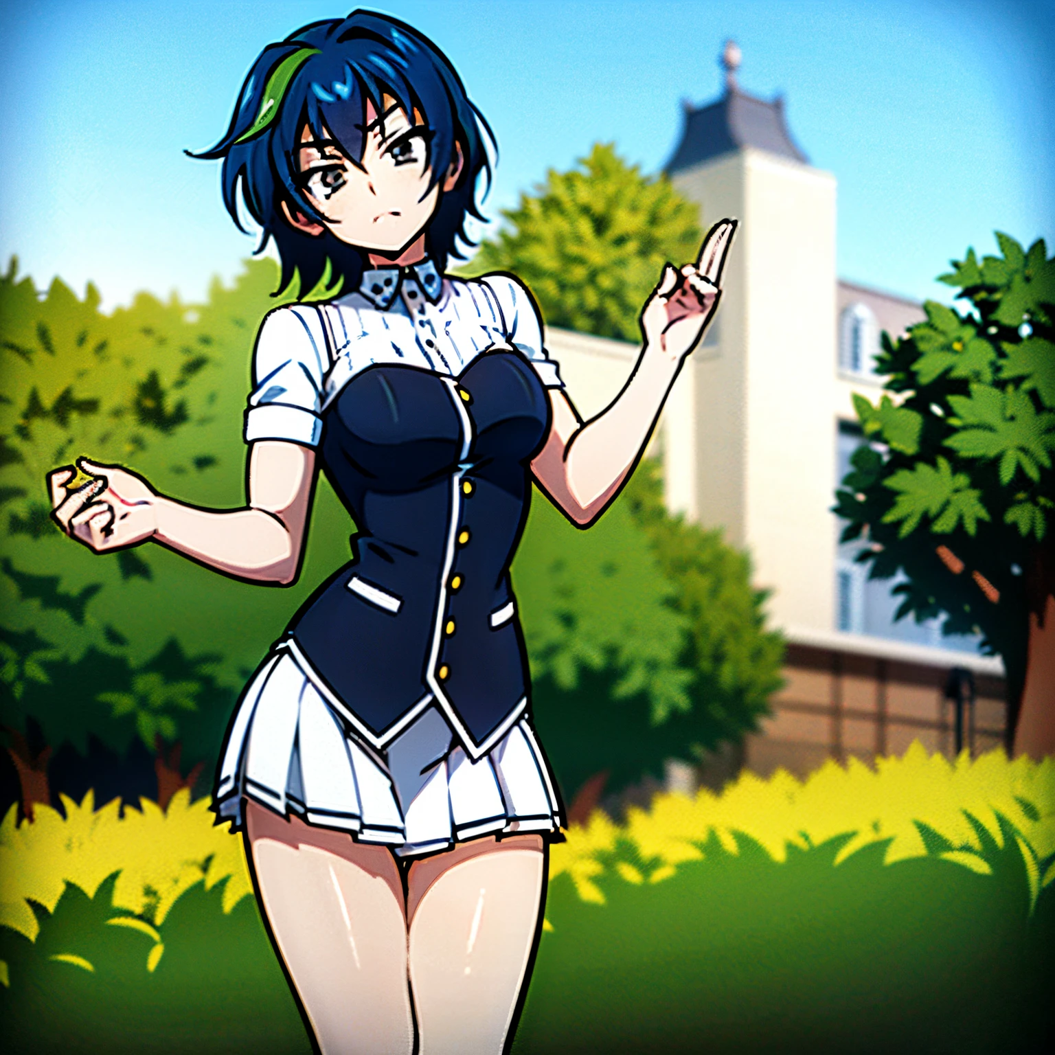 1 woman , short hair, blue hair, green locks, green hair lights, wearing white student shirt, black skirt, flat chest, small breasts, white student outfits, in a garden, school on background, 4k, sun shinning in background, masterpiece, good anathomy