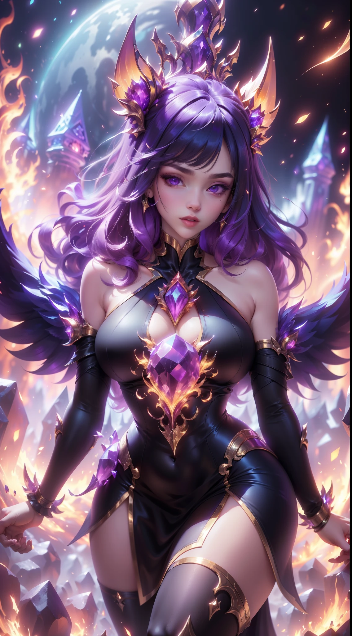 tmasterpiece, Best quality at best, Detailed pubic hair, 1个Giant Breast Girl, tightly dress, Magic Array, Cast spells, fanciful, Purple power, strength, firey, meteors, mages, A high resolution, medieval village, firestorm, on fire, Village Street, Rochas, dirt